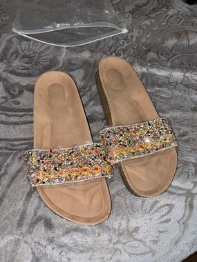 Embellished Multicolor Beaded Slide Sandals - Women
